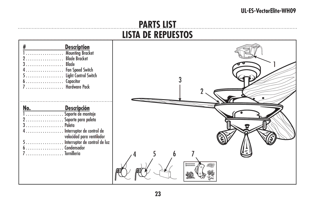 Westinghouse UL-ES-VectorElite-WH09 owner manual PARTS LIST Lista DE Repuestos, Interruptor de control de luz 